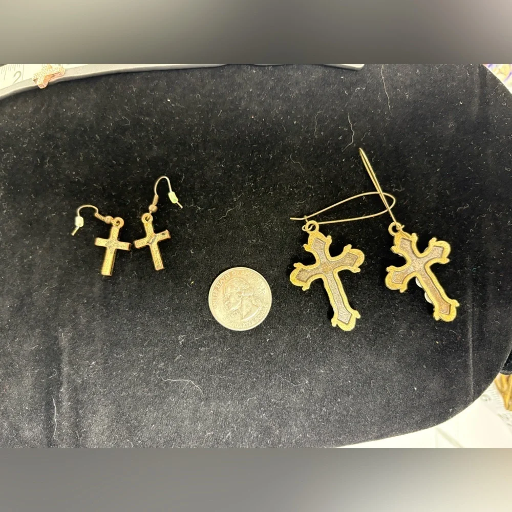 Gold Tone and Rhinestone Cross Earrings and Bracelet Set